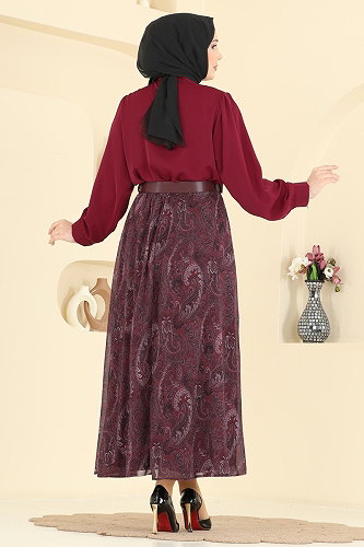 moda selvim Fular Detaylı Şifon Takım 8076TEG847 Bordo - Thumbnail