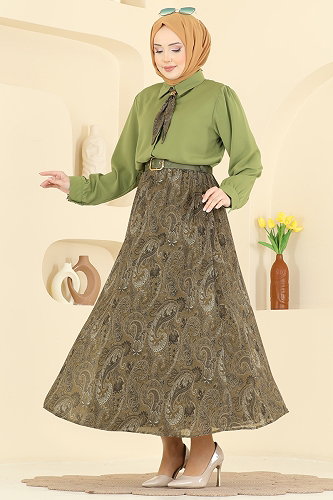 moda selvim Fular Detaylı Şifon Takım 8076TEG847 Çağla - Thumbnail