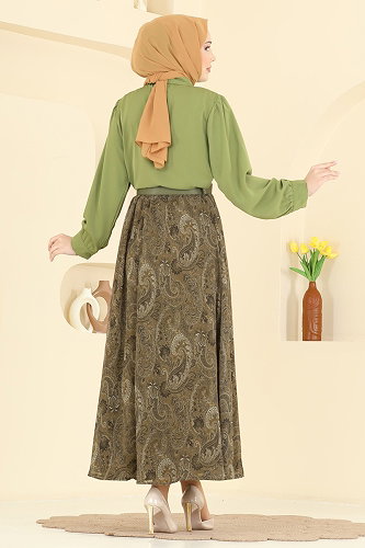 moda selvim Fular Detaylı Şifon Takım 8076TEG847 Çağla - Thumbnail