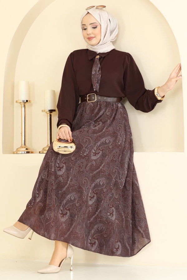 Modaselvim Kombin Fular Detaylı Şifon Takım 8076TEG847 Kahve