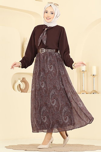 moda selvim Fular Detaylı Şifon Takım 8076TEG847 Kahve - Thumbnail