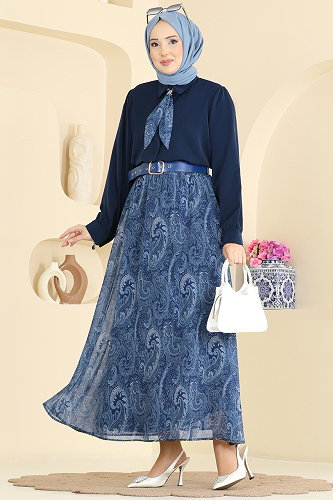 moda selvim Fular Detaylı Şifon Takım 8076TEG847 Laci - Thumbnail