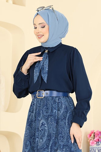 moda selvim Fular Detaylı Şifon Takım 8076TEG847 Laci - Thumbnail