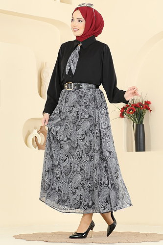 moda selvim Fular Detaylı Şifon Takım 8076TEG847 Siyah - Thumbnail