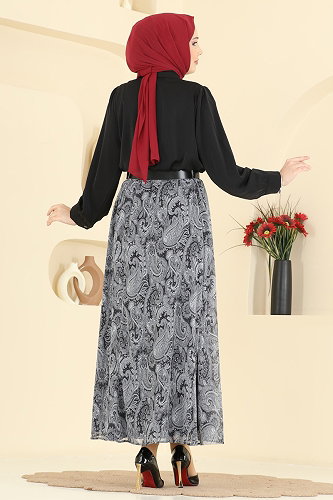 moda selvim Fular Detaylı Şifon Takım 8076TEG847 Siyah - Thumbnail