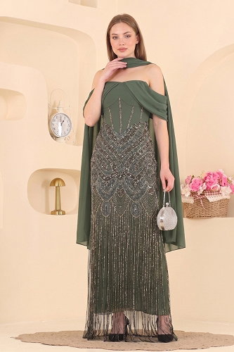 moda selvim Fular Detaylı Straplez Abiye 232DMNK1166 Haki - Thumbnail