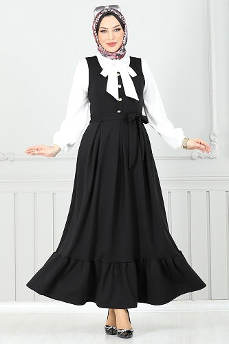 moda selvim Fular Yakalı Jile Takım 4462NFC1010 Siyah - Thumbnail