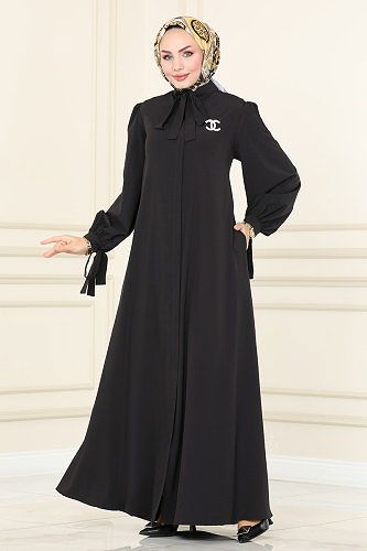 moda selvim Fular Yakalı Krep Ferace ASM2662 Siyah - Thumbnail