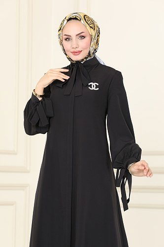 moda selvim Fular Yakalı Krep Ferace ASM2662 Siyah - Thumbnail