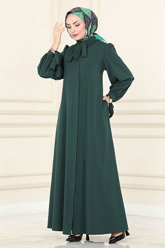 moda selvim Fular Yakalı Krep Ferace ASM2662 Zümrüt - Thumbnail