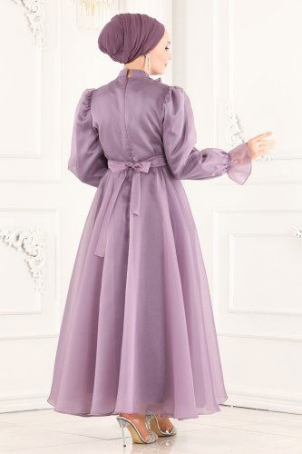 moda selvim Fular Yakalı Midi Abiye 6472YG95 Lila - Thumbnail