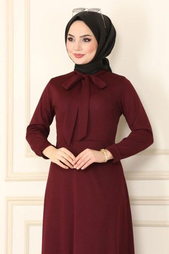 moda selvim Fular Yakalı Mira Elbise 1503UKB139 Bordo - Thumbnail