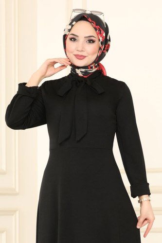 moda selvim Fular Yakalı Mira Elbise 1503UKB139 Siyah - Thumbnail