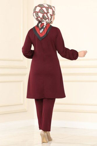 moda selvim Fular Yakalı Mira Takım 1500UKB139 Bordo - Thumbnail
