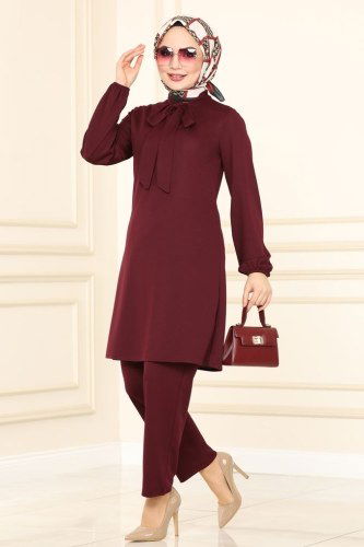 moda selvim Fular Yakalı Mira Takım 1500UKB139 Bordo - Thumbnail