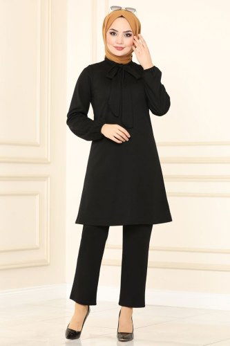 moda selvim Fular Yakalı Mira Takım 1500UKB139 Siyah - Thumbnail