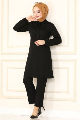 moda selvim Fular Yakalı Mira Takım 1500UKB139 Siyah - Thumbnail