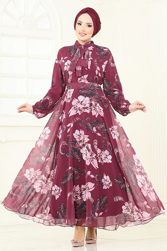 moda selvim Fular Yakalı Şifon Elbise 5188AL357 Bordo - Thumbnail
