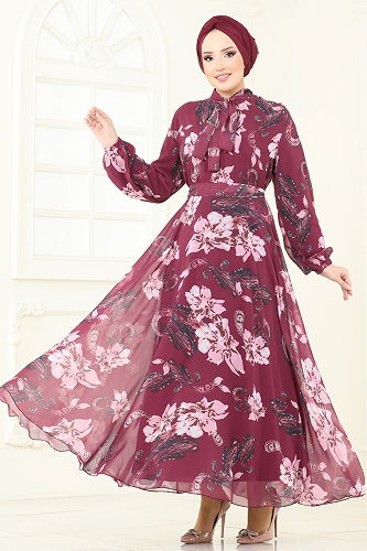 moda selvim Fular Yakalı Şifon Elbise 5188AL357 Bordo - Thumbnail