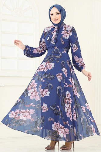 moda selvim Fular Yakalı Şifon Elbise 5188AL357 İndigo - Thumbnail