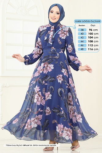 moda selvim Fular Yakalı Şifon Elbise 5188AL357 İndigo - Thumbnail