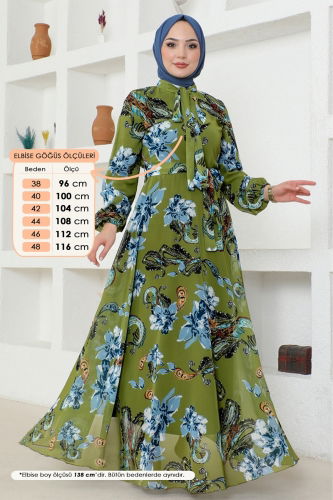moda selvim Fular Yakalı Şifon Elbise 5188AL357 Kına Yeşili - Thumbnail