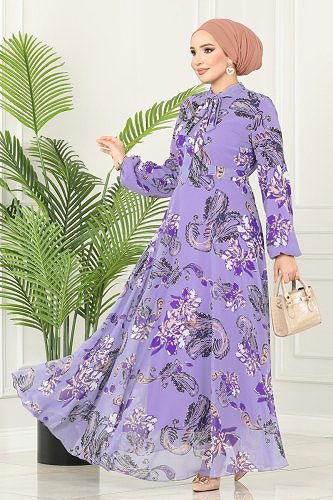 moda selvim Fular Yakalı Şifon Elbise 5188AL357 Lila - Thumbnail