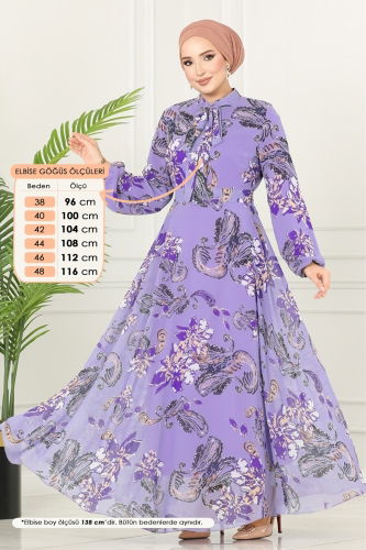 moda selvim Fular Yakalı Şifon Elbise 5188AL357 Lila - Thumbnail
