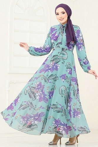 moda selvim Fular Yakalı Şifon Elbise 5188AL357 Mint - Thumbnail