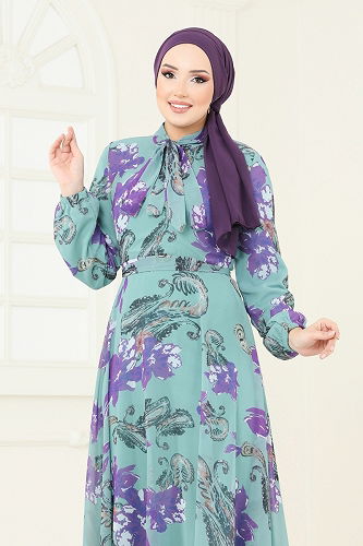 moda selvim Fular Yakalı Şifon Elbise 5188AL357 Mint - Thumbnail