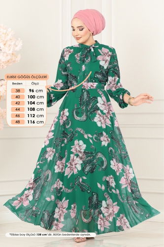 moda selvim Fular Yakalı Şifon Elbise 5188AL357 Zümrüt - Thumbnail