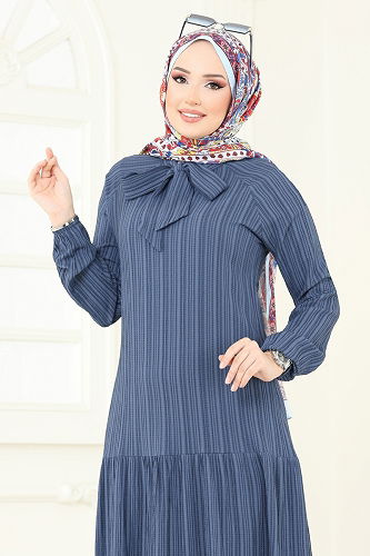 moda selvim Fular Yakalı Tesettür Elbise 4076PM271 İndigo - Thumbnail