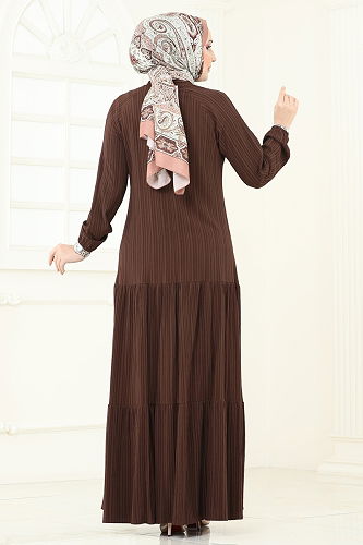 moda selvim Fular Yakalı Tesettür Elbise 4076PM271 Kahve - Thumbnail