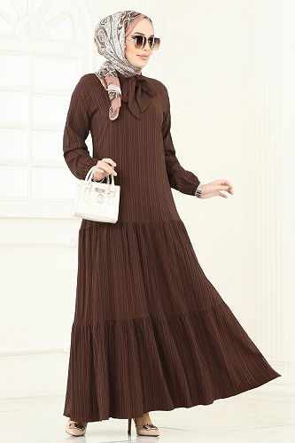 moda selvim Fular Yakalı Tesettür Elbise 4076PM271 Kahve - Thumbnail