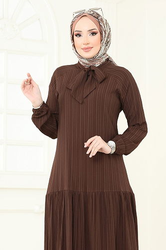 moda selvim Fular Yakalı Tesettür Elbise 4076PM271 Kahve - Thumbnail