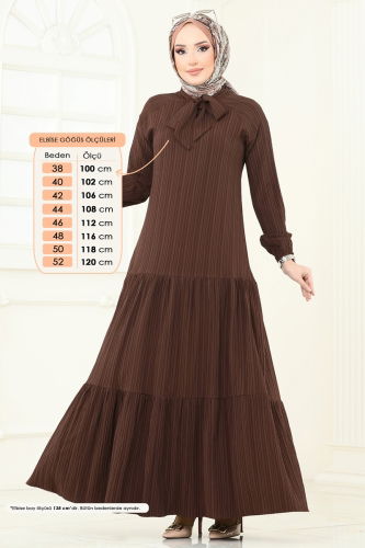 moda selvim Fular Yakalı Tesettür Elbise 4076PM271 Kahve - Thumbnail