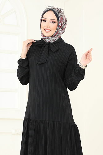 moda selvim Fular Yakalı Tesettür Elbise 4076PM271 Siyah - Thumbnail