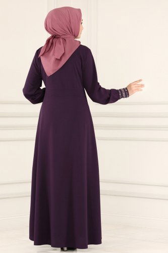 moda selvim Fular Yakalı Tesettür Ferace 4521AH193 Mor - Thumbnail