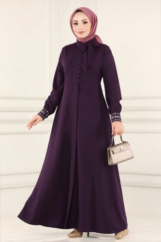 moda selvim Fular Yakalı Tesettür Ferace 4521AH193 Mor - Thumbnail
