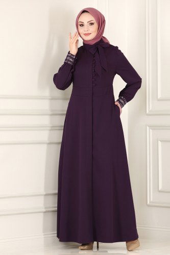 moda selvim Fular Yakalı Tesettür Ferace 4521AH193 Mor - Thumbnail