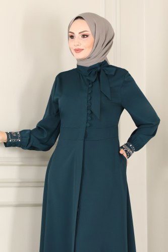 moda selvim Fular Yakalı Tesettür Ferace 4521AH193 Petrol - Thumbnail