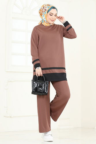 moda selvim Garni Detay İkili Takım 341DVL817 Kahve - Thumbnail