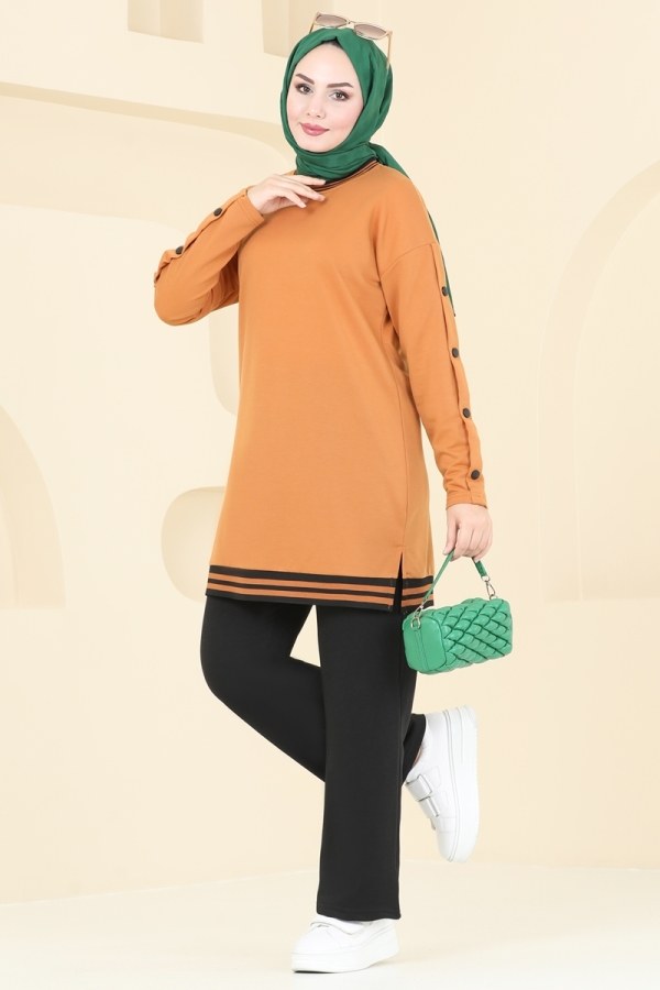Modaselvim KURBAN BAYRAMI İNDİRİMİ Garni Detay Tesettür Takım 2584SL432 Hardal&Siyah