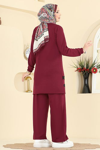 moda selvim Garni Detaylı İki İplik Takım 1004ETT926 Bordo - Thumbnail