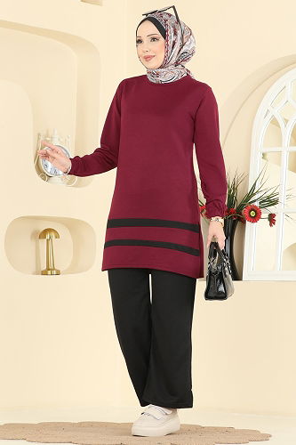 moda selvim Garni Detaylı İki İplik Takım 1004ETT926 Bordo&Siyah - Thumbnail