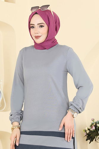 moda selvim Garni Detaylı İki İplik Takım 1004ETT926 Gri&Antrasit - Thumbnail