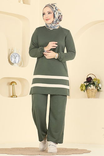 moda selvim Garni Detaylı İki İplik Takım 1004ETT926 Haki - Thumbnail