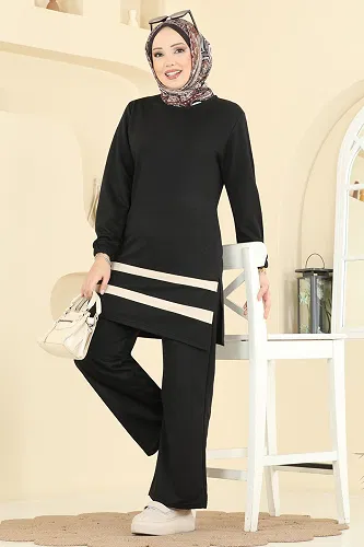 moda selvim Garni Detaylı İki İplik Takım 1004ETT926 Siyah - Thumbnail