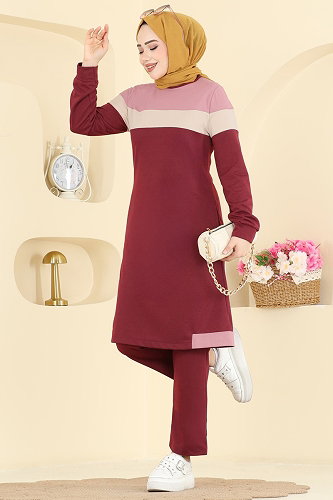 moda selvim Garni Detaylı İki İplik Takım 2794SL432 Açık Bordo&Pudra - Thumbnail