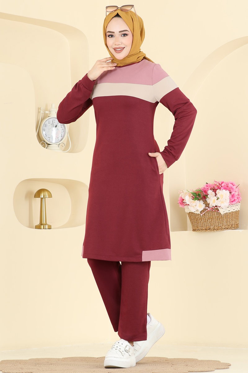 Garni Detaylı İki İplik Takım 2794SL432 Açık Bordo&Pudra